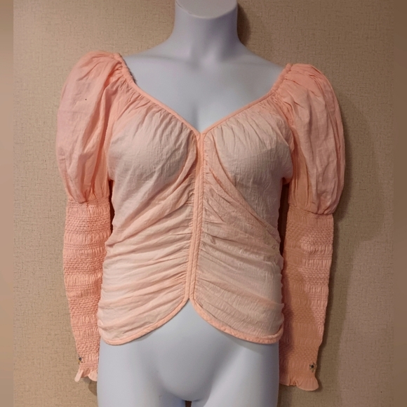 LPA Peach Ruched Blouse with Puff Sleeves Size S - Picture 1 of 5